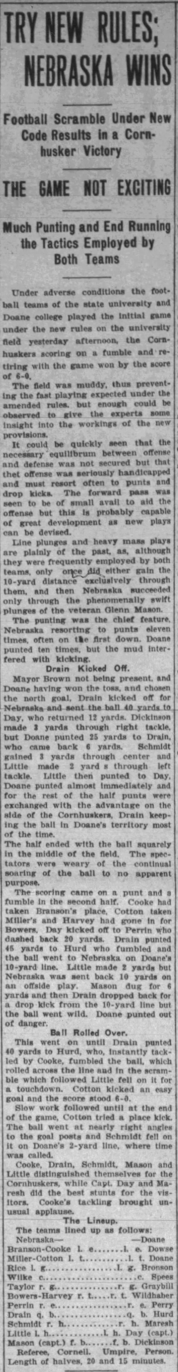 1906 practice game Nebraska-Doane new rules