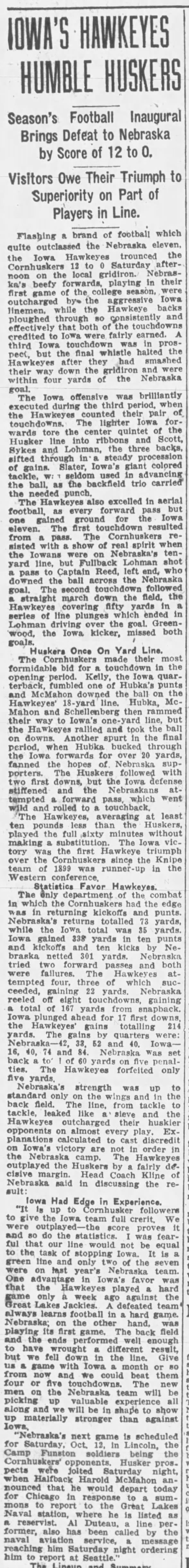 1918 Iowa at Nebraska football, LS