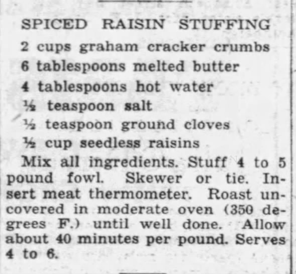 Spiced Raisin Stuffing recipe, 1937