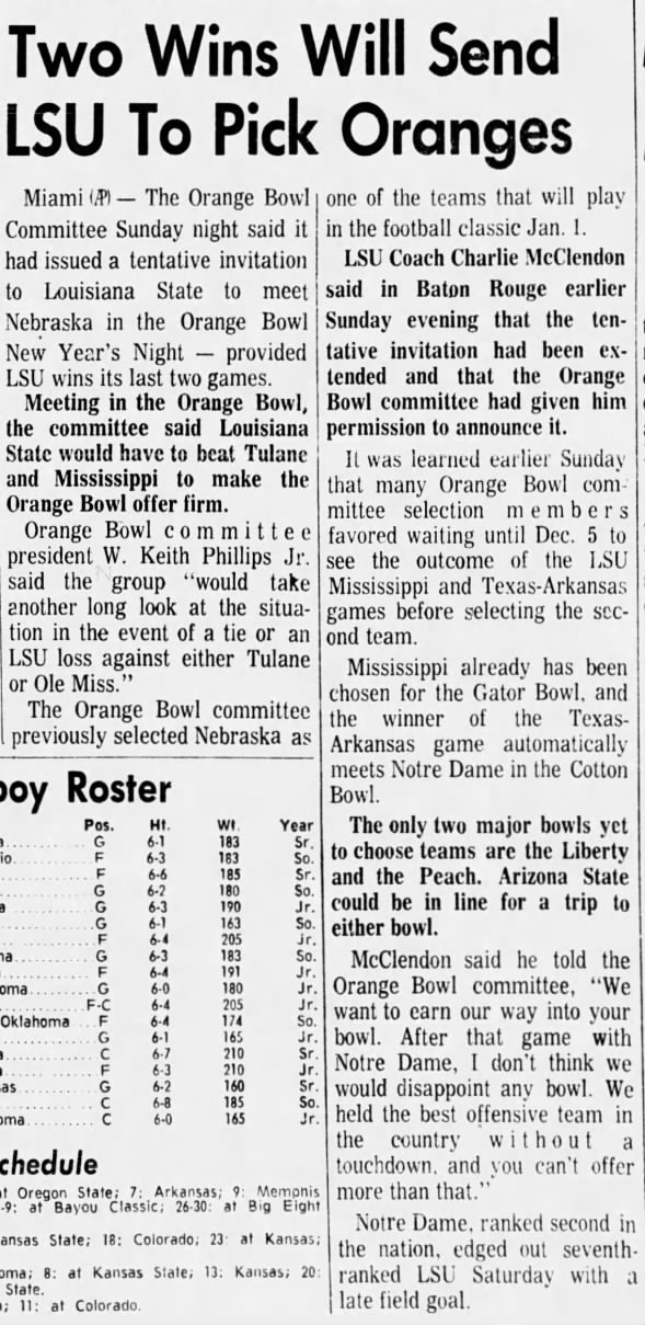 1970.11.22 LSU gets conditional Orange Bowl invitation