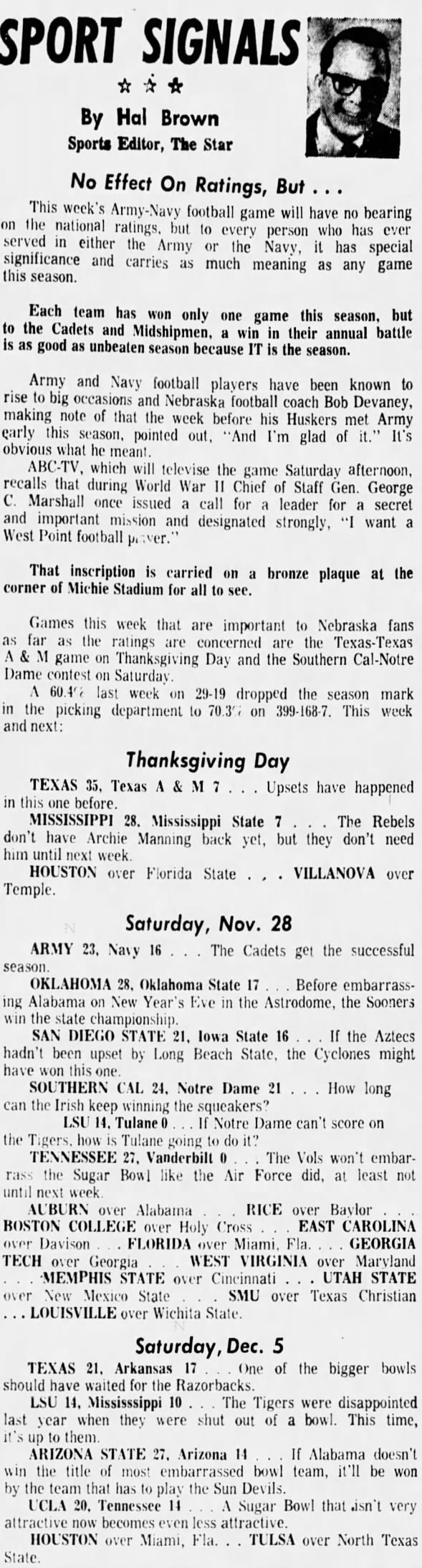1970.11 Hal Brown Thanksgiving week predictions