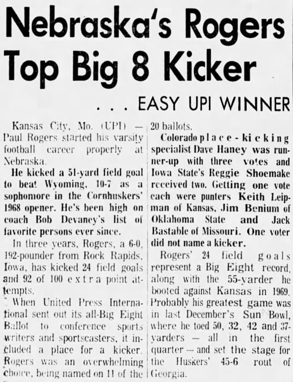 1970.11.25 Paul Rogers UPI top Big Eight kicker