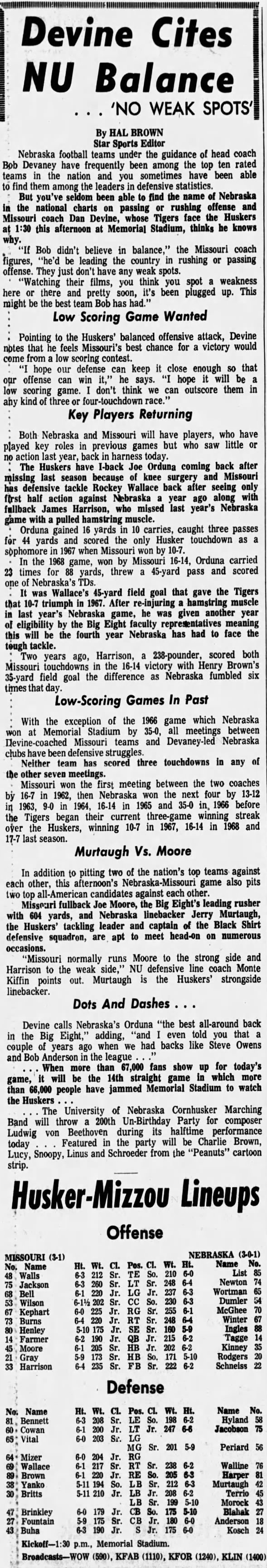 1970 Nebraska-Missouri gameday column and lineups