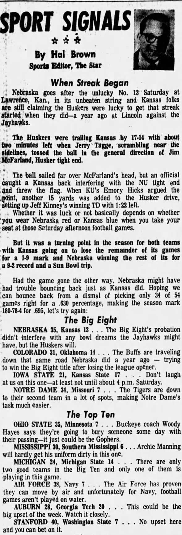 1970.10 Hal Brown predictions, Kansas week