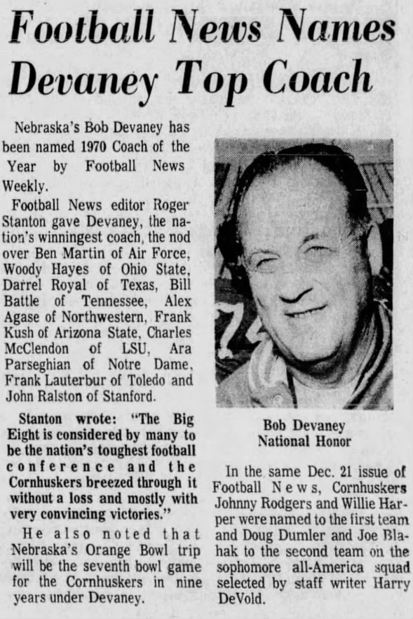 1970 Bob Devaney named Coach of Year by Football News