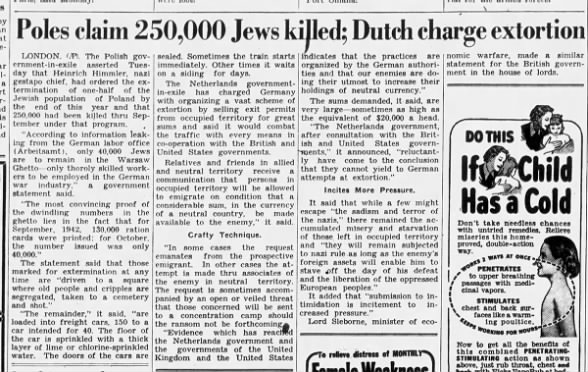 Poles claim 250,000 Jews killed; Dutch charge extortion