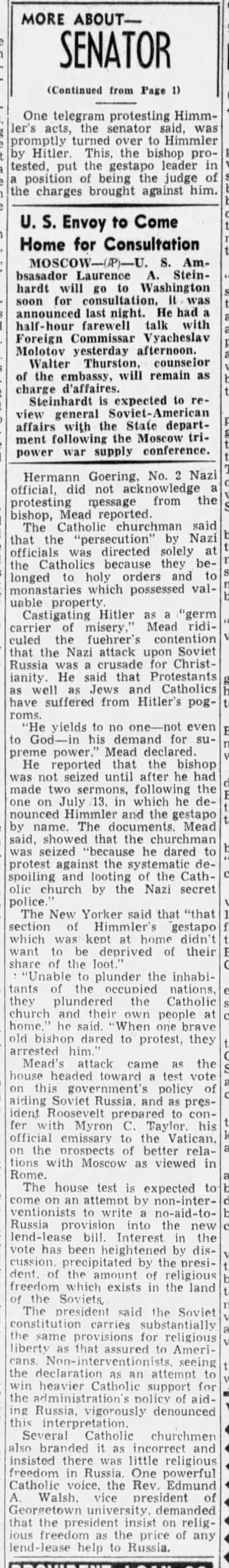 Senator Charges Hitler Destroys Catholic Church