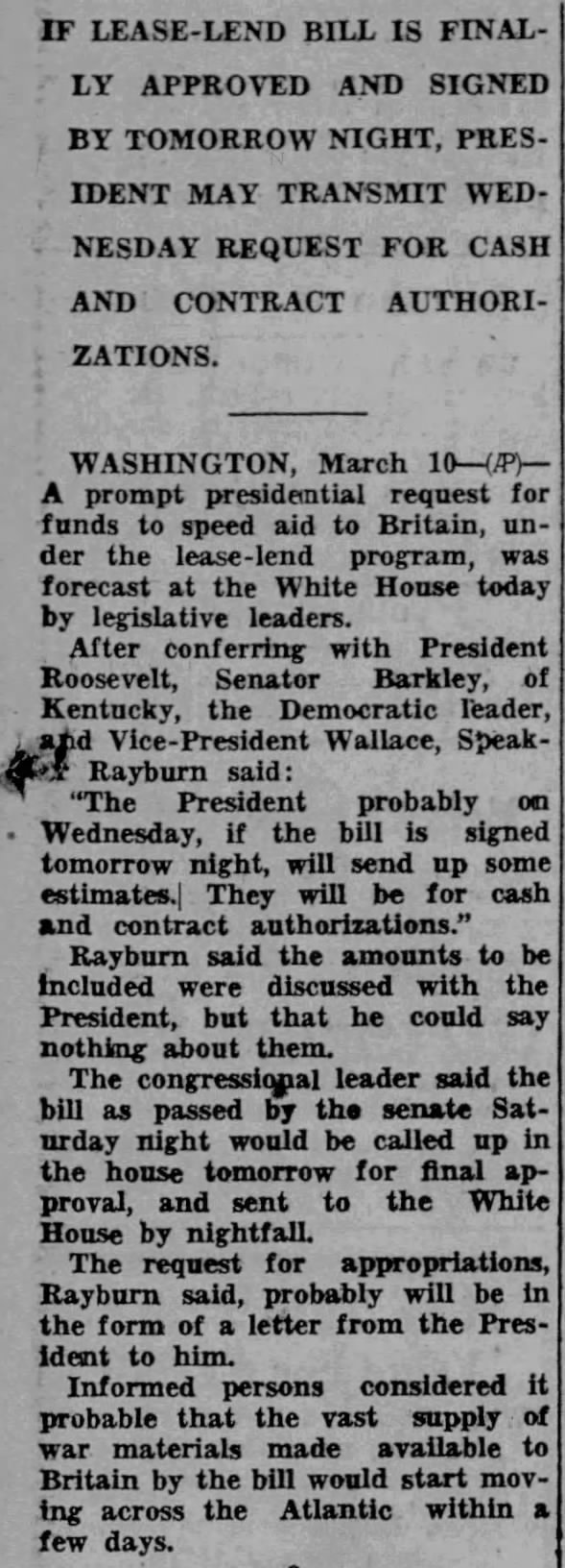 ROOSEVELT PREPARES TO REQUEST APPROPRIATIONS TO FINANCE BRITISH AID