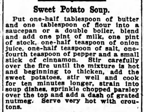 Recipe: Sweet potato soup, 1921