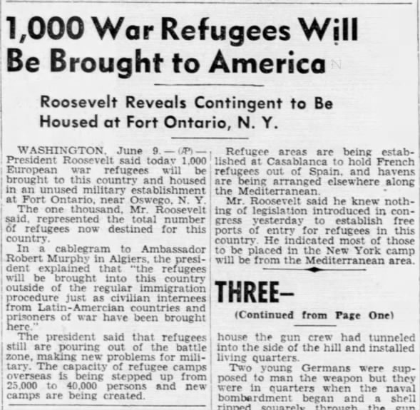 1,000 War Refugees Will Be Brought to America