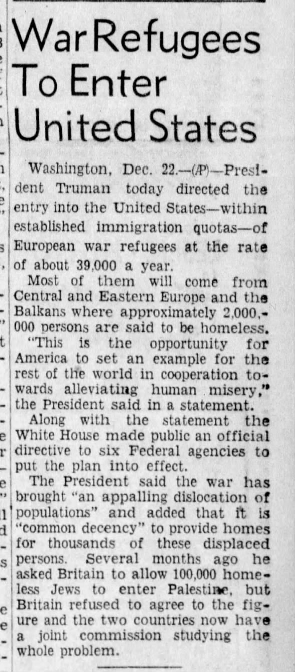 War Refugees to Enter United States