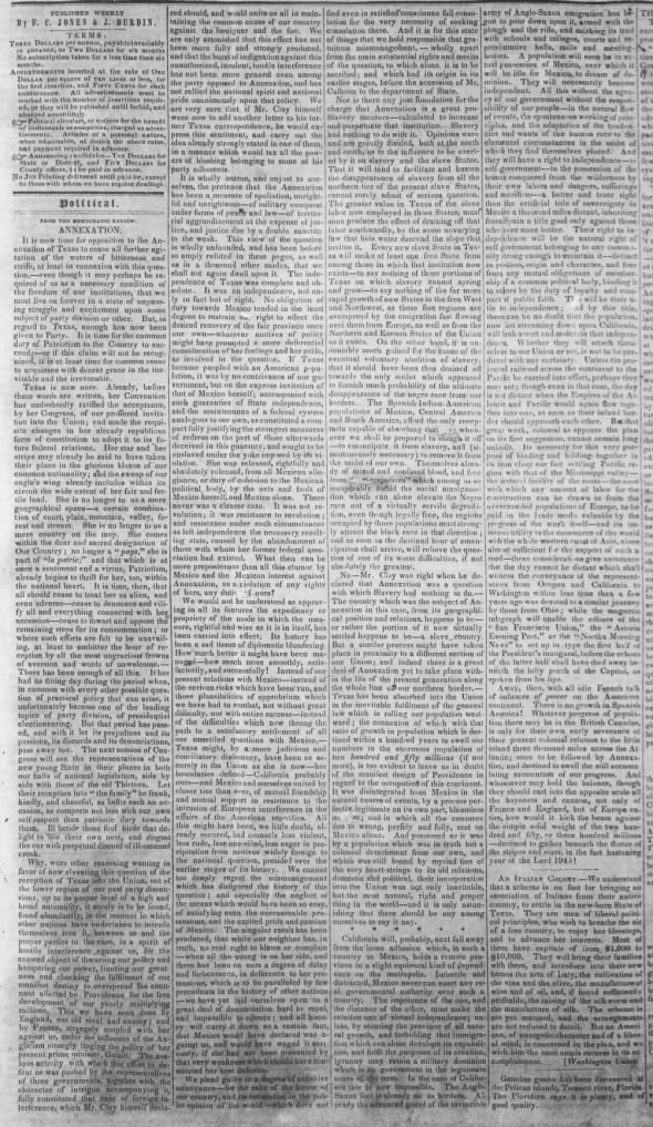 Article in which John L. O'Sullivan first used the term Manifest Destiny, reprinted in a newspaper