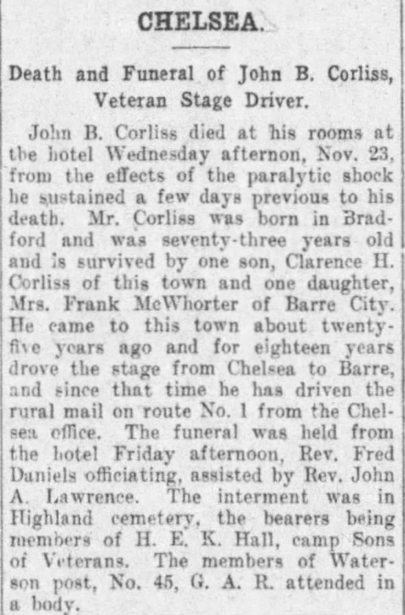 Death and Funeral of John B. Corliss