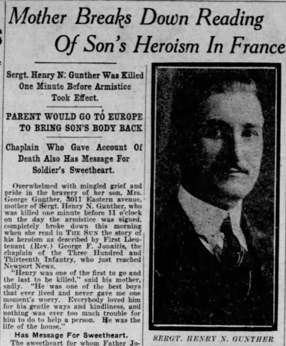 Henry Gunther killed one minute before 11 o'clock, Nov 11 1918