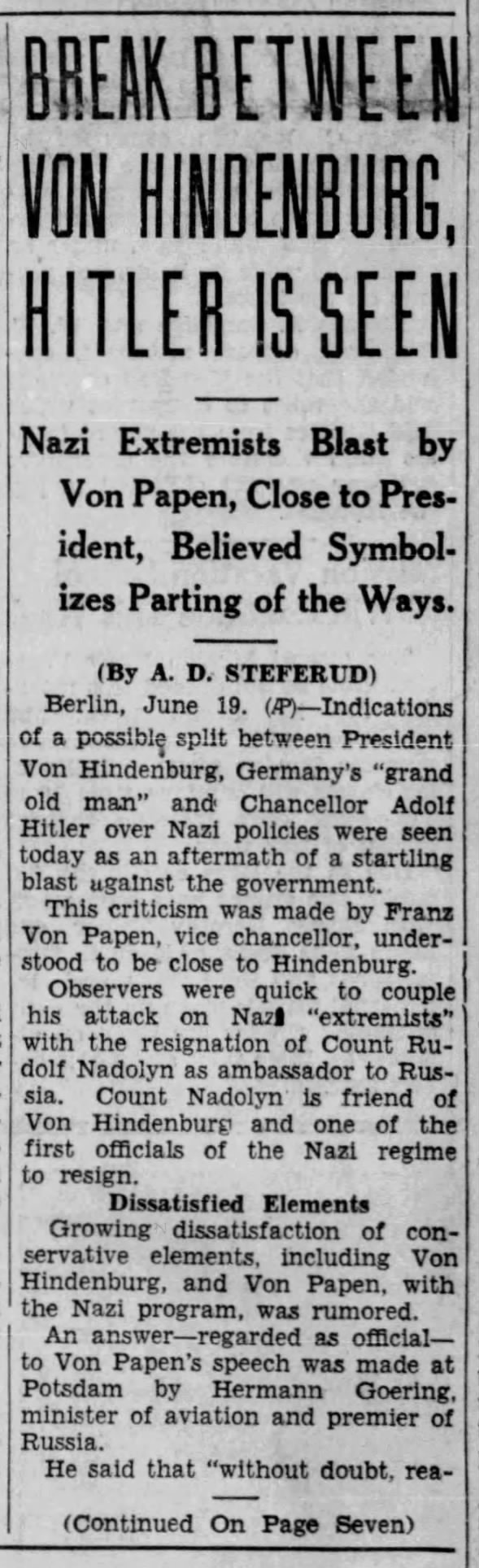 Break Between Von Hindenberg, Hitler Is Seen