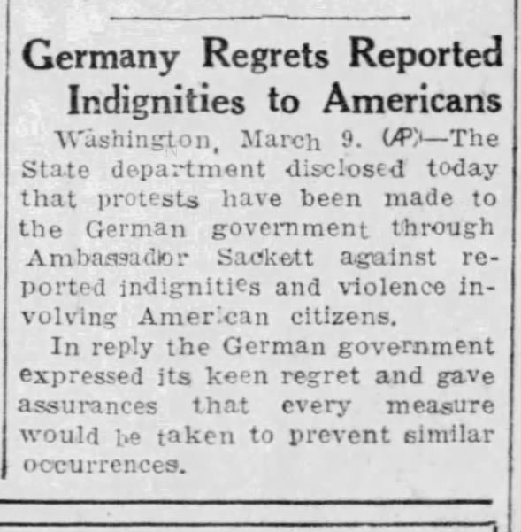 Germany Regrets Reported Indignities to Americans