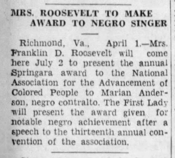 Mrs. Roosevelt To Make Award To Negro Singer