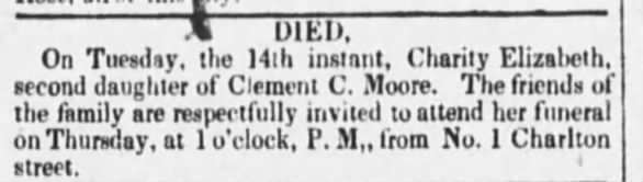 Clement C. Moore’ 2nd daughter Charity’s death 14 Dec 1830