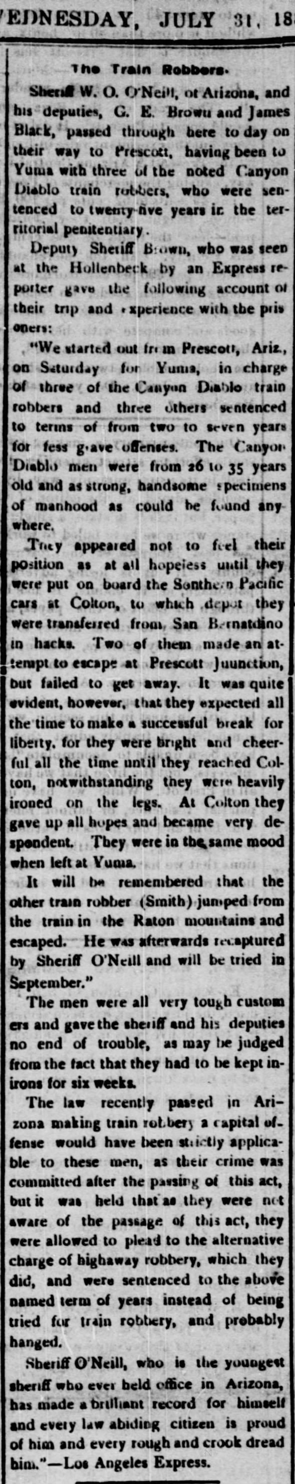 Account of taking prisoners to Yuma.
