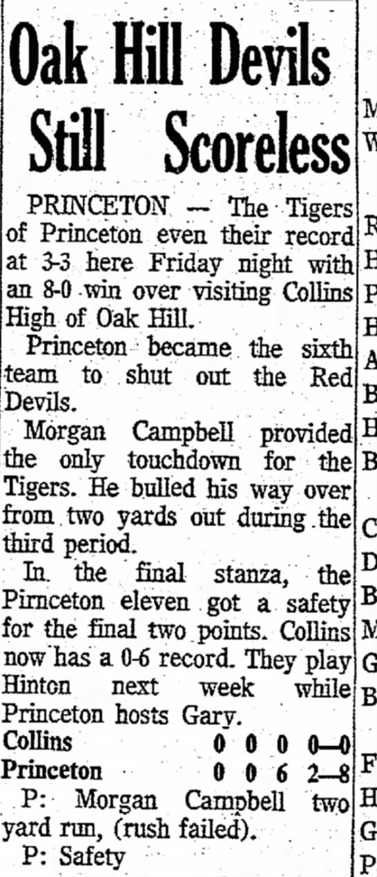 6 Oct 1972 Collins v Princeton - coun- r at victory Oak Hill Devils PRMCETON --...