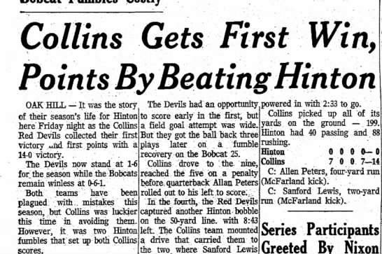 14 Oct 1972 Beckley Post Herald Pg 3 Collins (14) v Hinton (0) - eatinsHmton OAK HILL -- It was the story of...