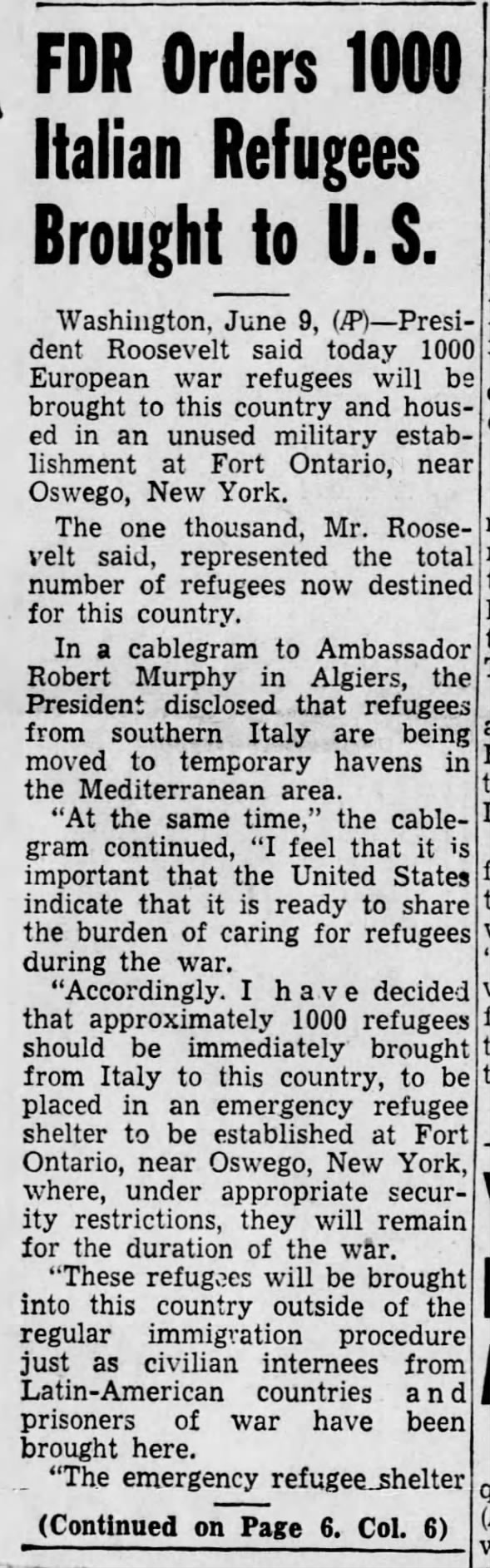 FDR Orders 1000 Italian Refugees Brought to U.S