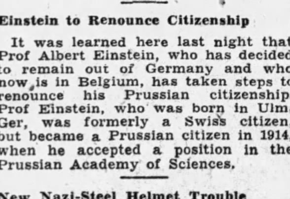 Einstein to Renounce Citizenship