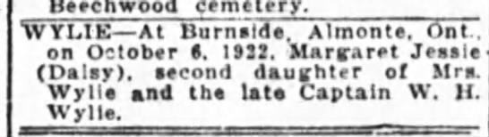  - Beechwood cemetery. WYLIE At Burnside. Almonte....