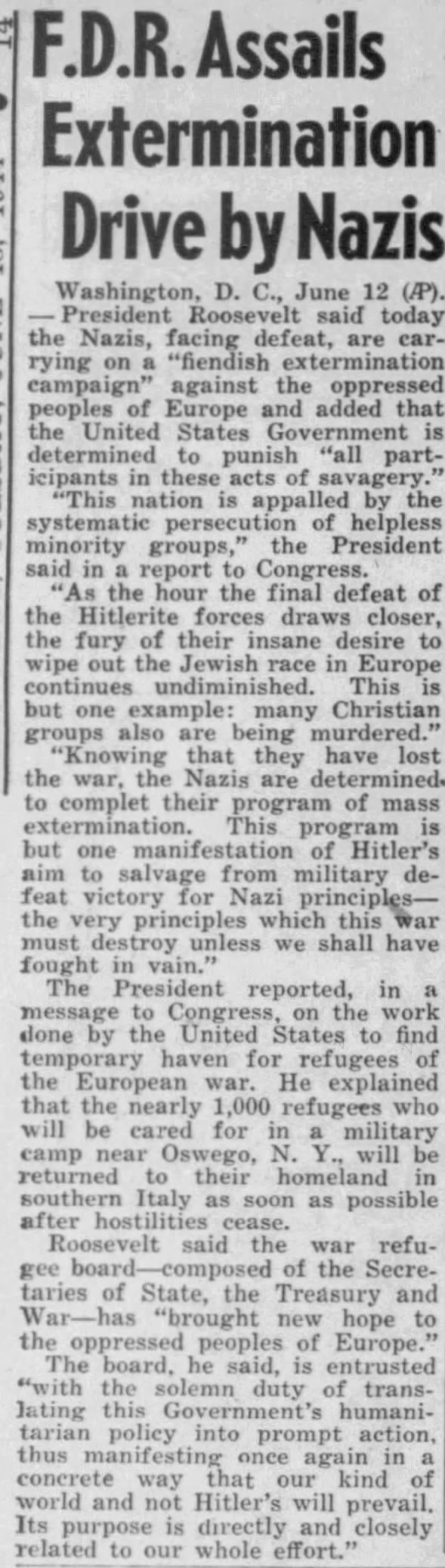F.D.R. Assails Extermination Drive By Nazis