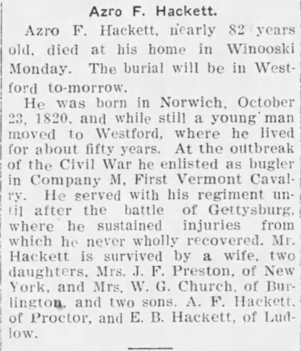 Obituary for Azro F. Hackett (Aged 82)