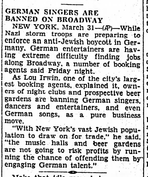 German Singers Are Barred On Broadway