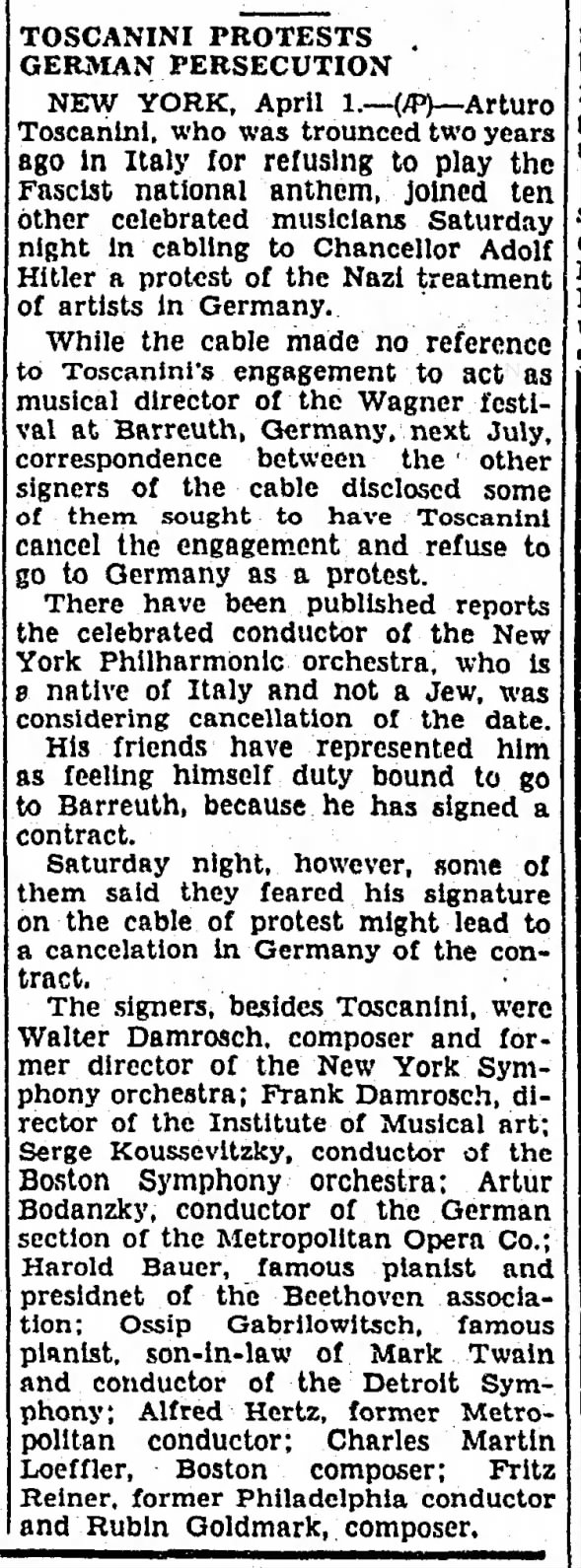 Toscanini Protests German Persecution
