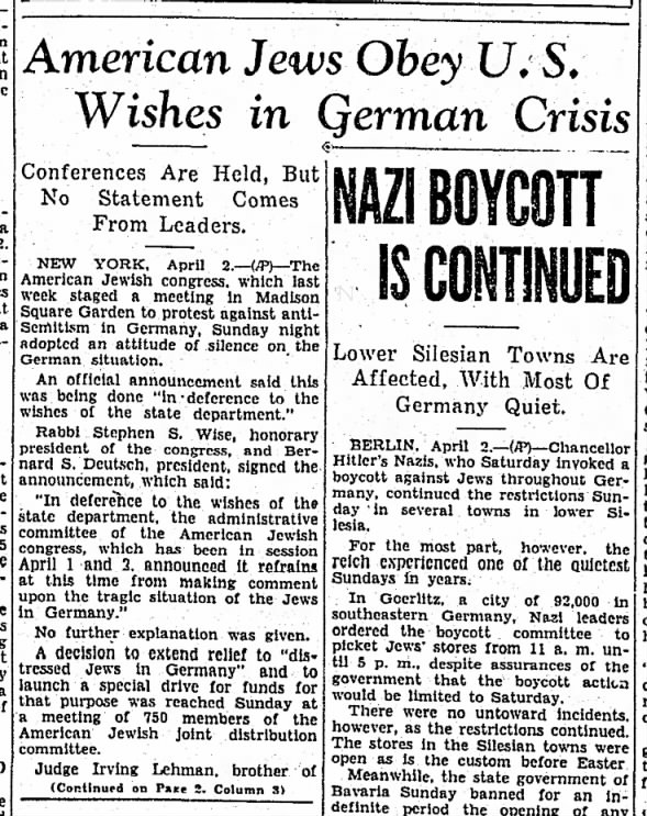 American Jews Obey U.S. Wishes in German Crisis