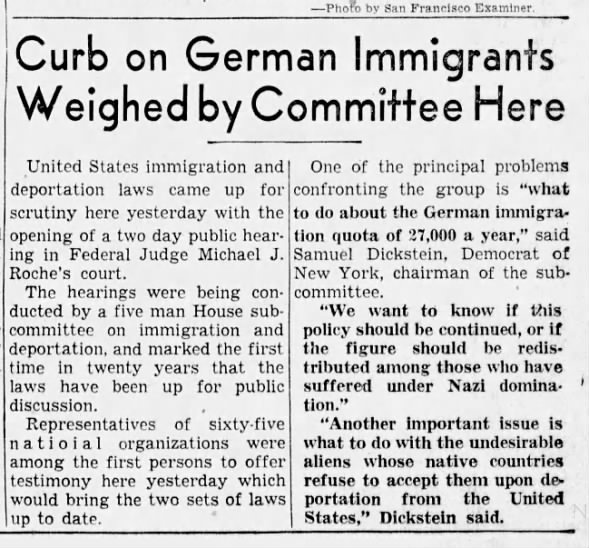 Curb On German Immigrants Weighed By Committee Here