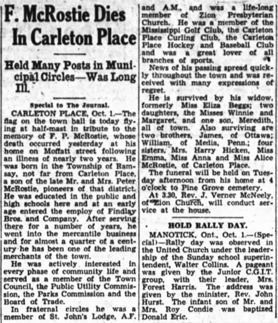  - F. McRostie Dies In Carleton Place Held Many...