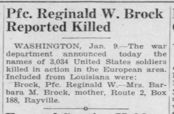 Pfc. Reginald W. Brock Reported Killed