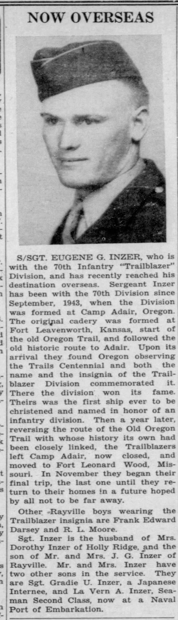 S/Sgt. Eugene Inzer reaches destination