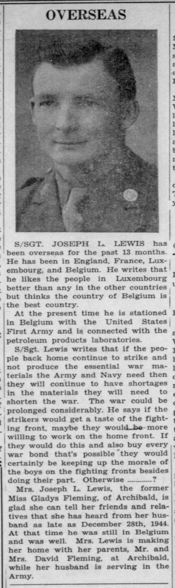 S/Sgt. Joseph L. Lewis stationed in England, France, Etc.