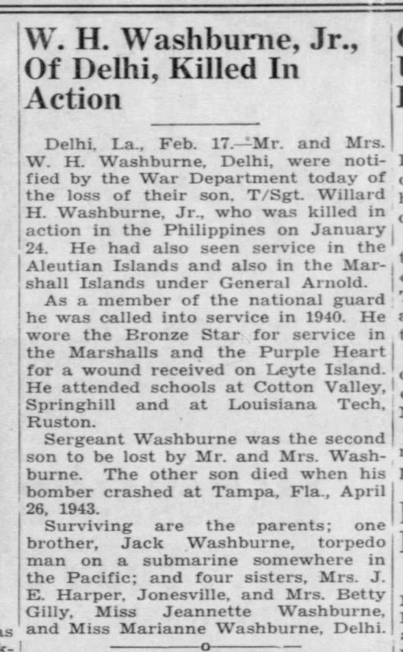 W. H. Washburne, Jr., of Delhi, Killed in Action
