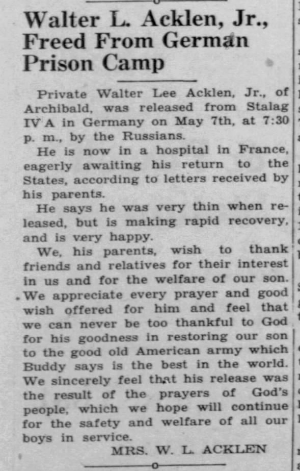 Letter home from Walter L. Acklen, Jr. Freed From German Prison Camp