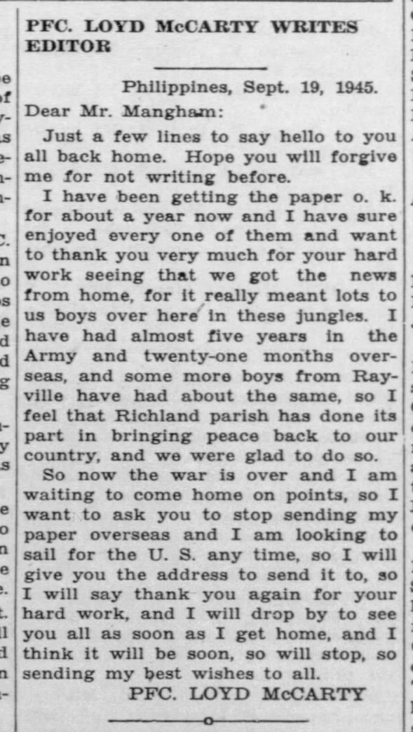 PFC. Loyd McCarty writes home from Philippines.