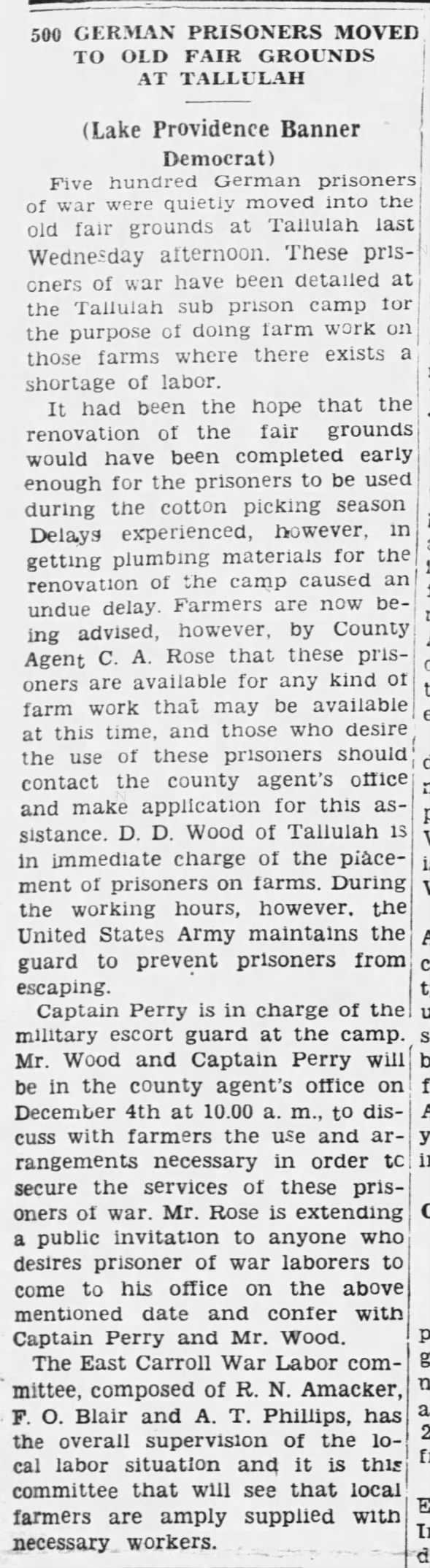 500 German Prisoners Moved to Old Fair Grounds at Tallulah