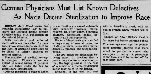 German Physicians Must List Known Defectives As Nazis Decree Sterilization to Improve Race