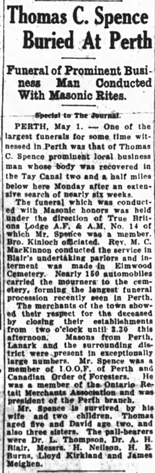  - Thomas C. Spence Buried At Perth Funeral of...
