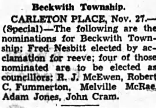  - . Beck with Township. CARLETON PLACE, Nov. 27...