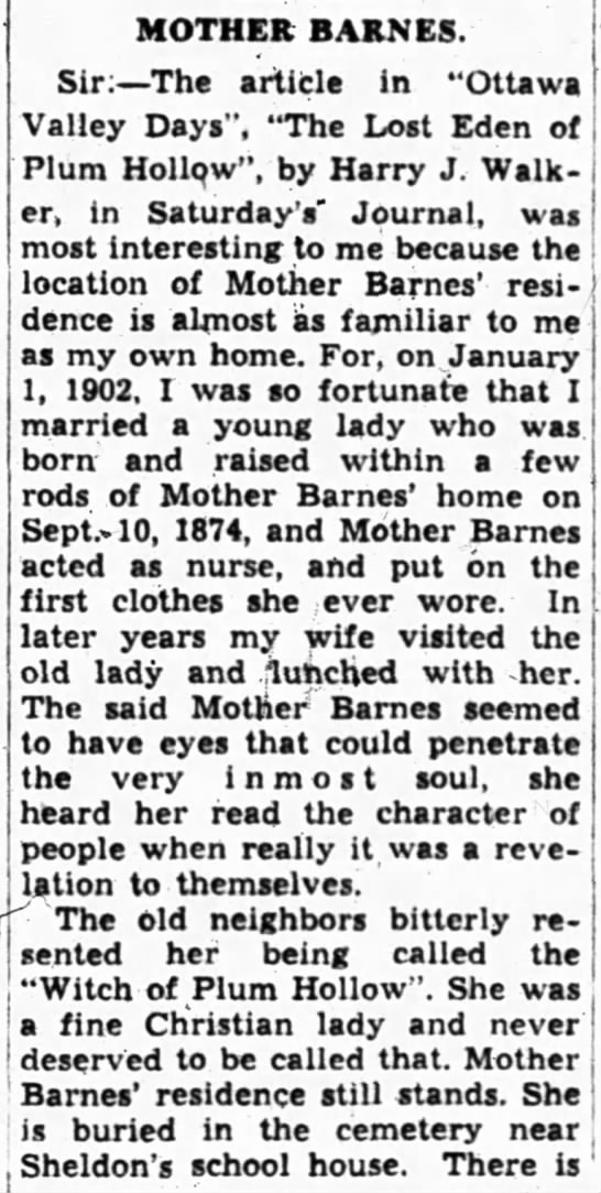  - MOTHER BARNES. Sir: The article in "Ottawa...