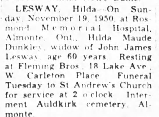  - LESWAY. Hilda On Sunday. November 19. 1950. at...
