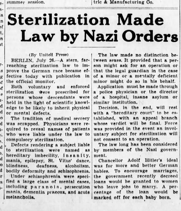 Sterilization Made Law by Nazi Orders