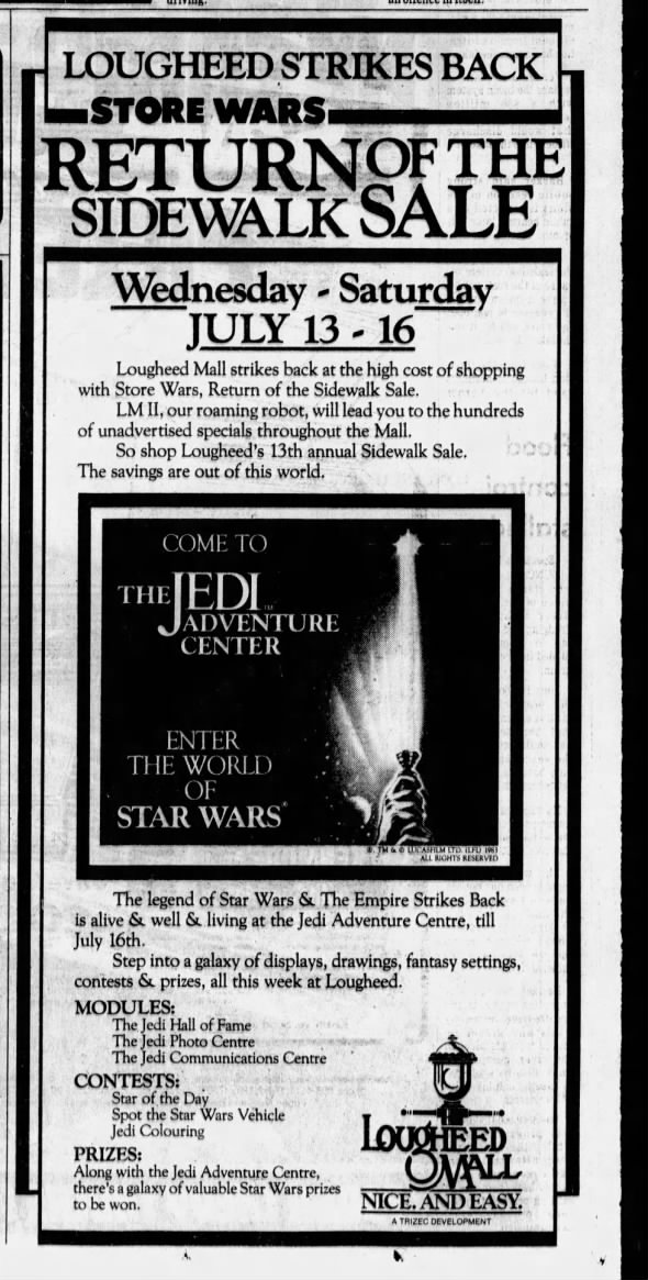 Lougheed Mall sidewalk sale ad, showing The Jedi Adventure Centre graphics.