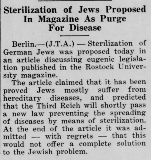 Sterilization of Jewish Proposed In Magazine As Purge For Disease